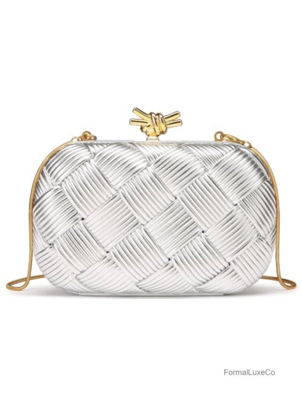 Woven Evening Clutch with Gold Tone Hardware and Chain